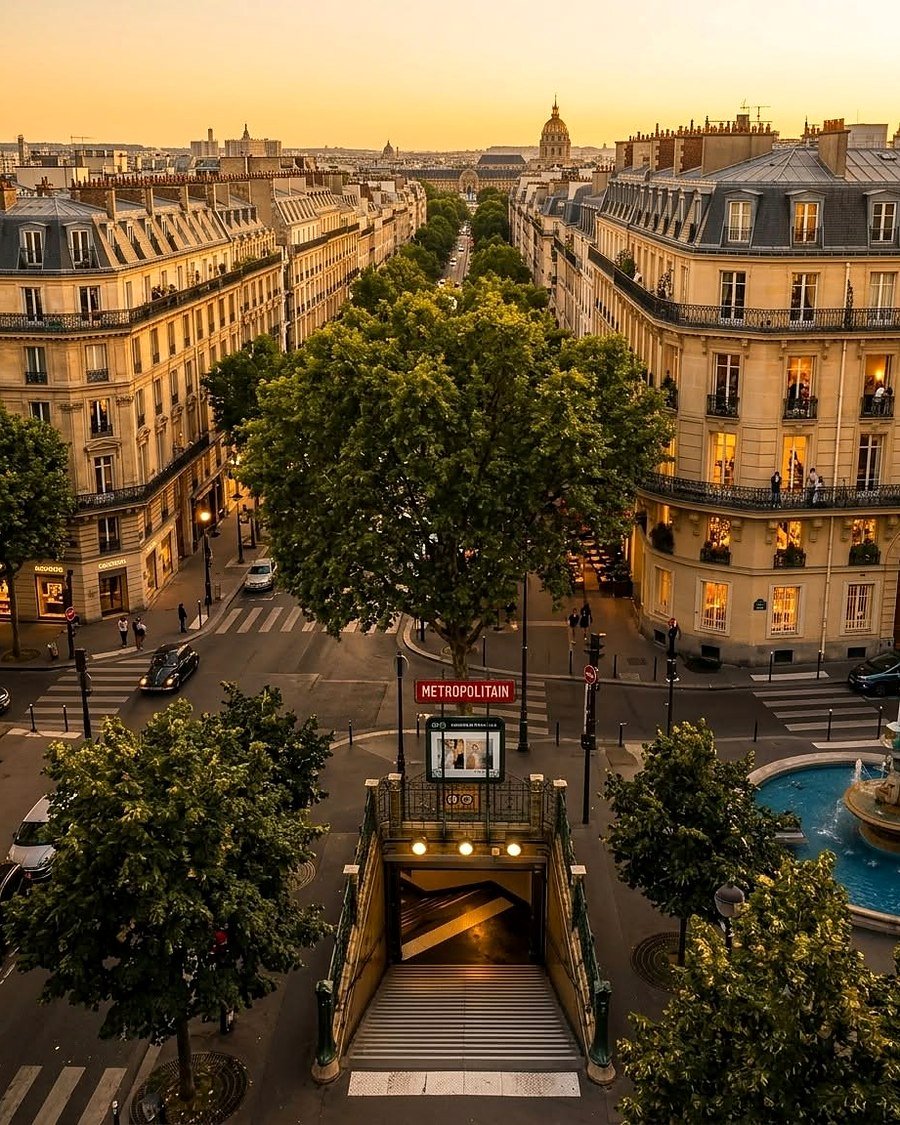 Entrada de estação de metrô em uma avenida de Paris ao entardecer