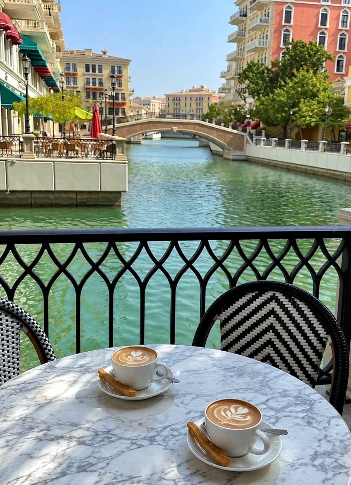 Café com vista para o canal do Qanat Quartier