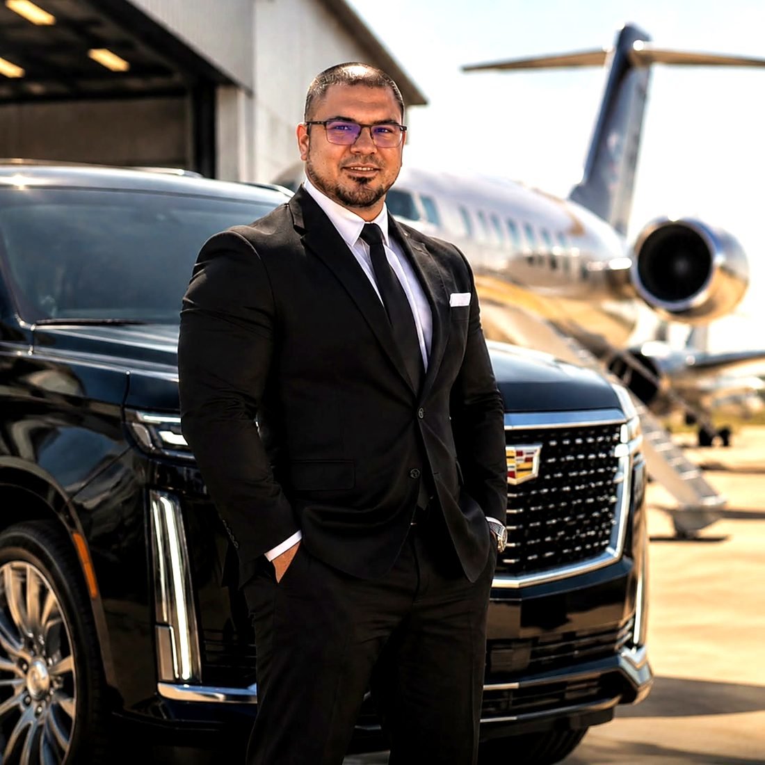 Alisson Guimarães, motorista brasileiro em Dallas, ao lado da SUV executiva