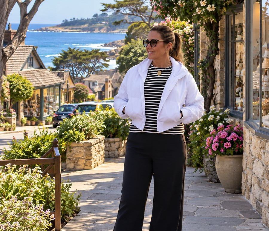 Andréia Brum, guia brasileira em Carmel By The Sea, em uma rua da cidade com vista para o mar
