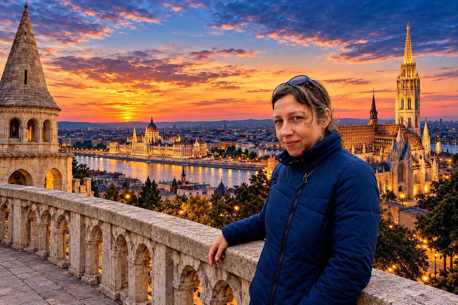 Agnes, guia em Budapeste, no Bastião dos Pescadores com o Parlamento e a Igreja de Matias ao entardecer