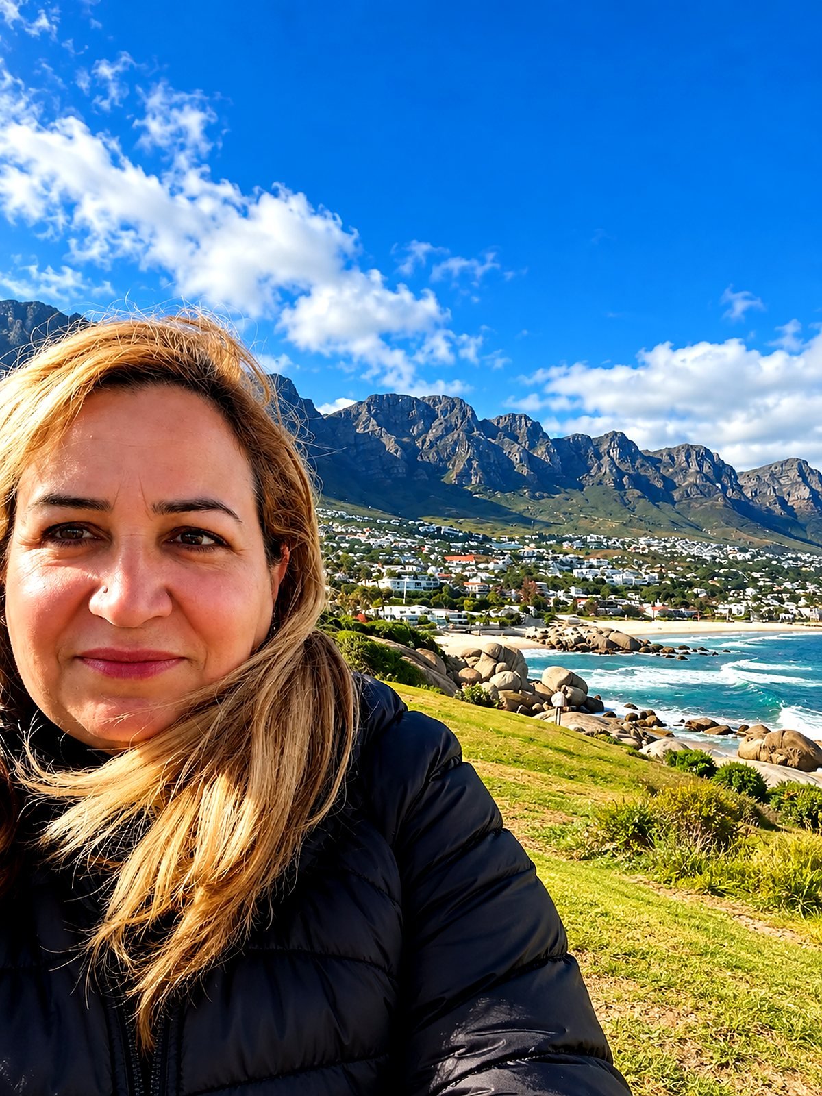 Bia, guia brasileira na Cidade do Cabo, em Camps Bay com os Doze Apóstolos ao fundo