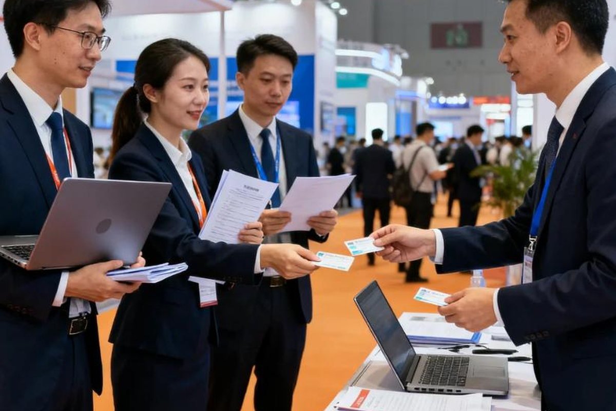 Cartões de visita e catálogos recolhidos por comprador em feira na China