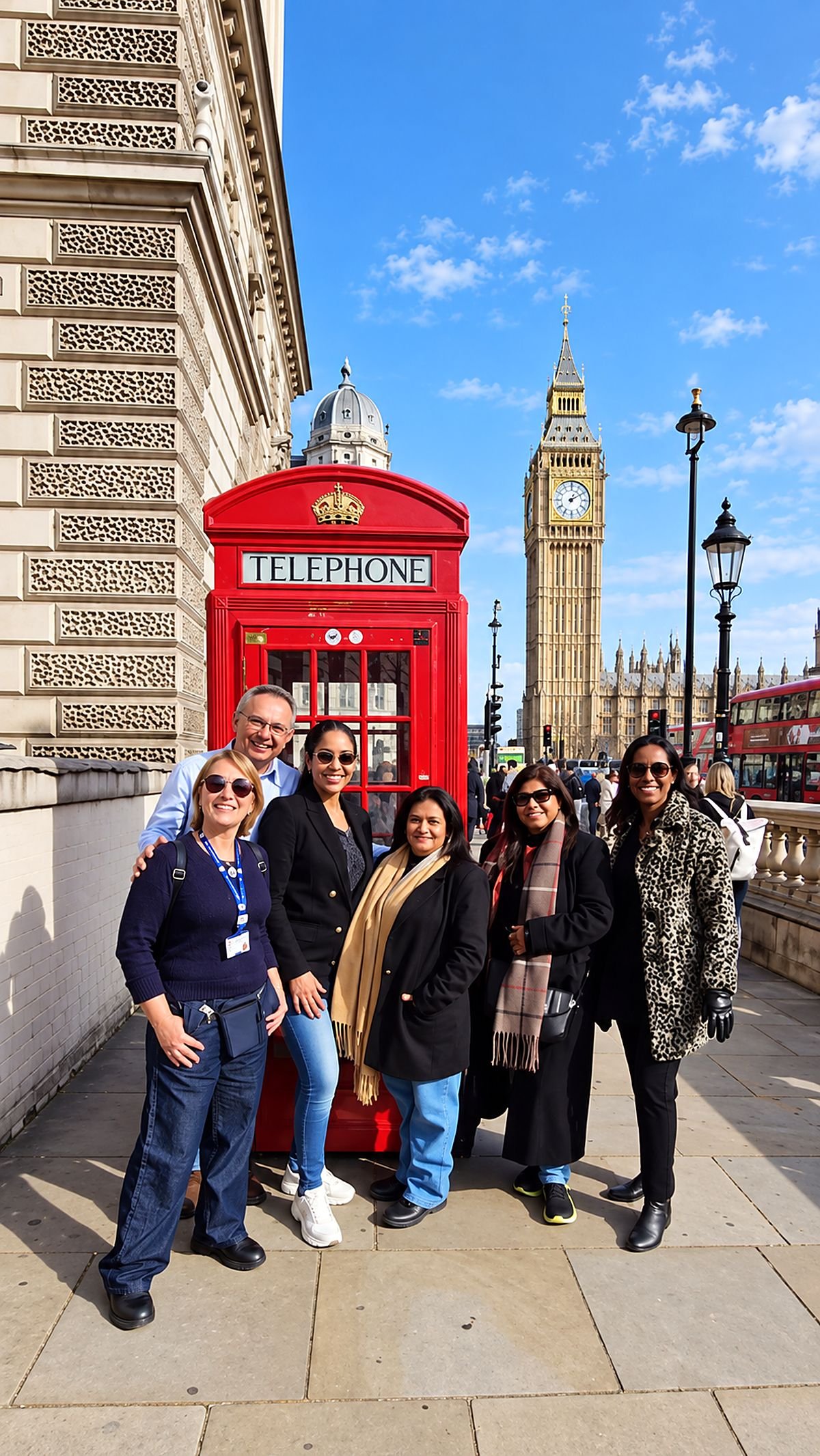 Rita Castelan com um grupo de clientes ao lado de uma cabine telefônica vermelha, com o Big Ben ao fundo