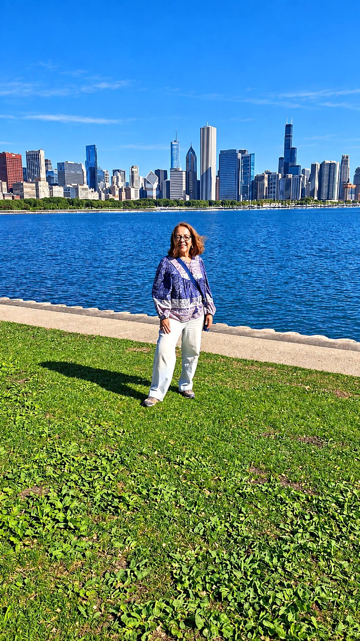 Rita Richter, guia brasileira em Chicago, à beira do Lago Michigan com o skyline da cidade ao fundo