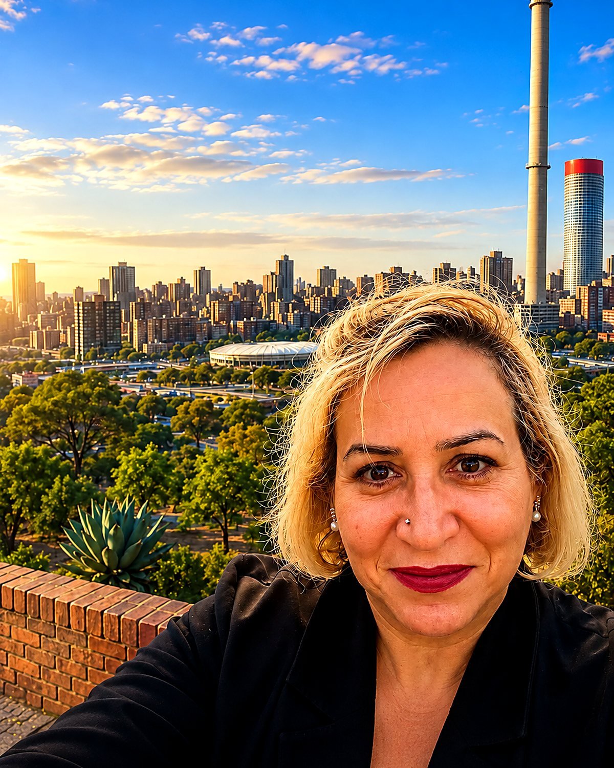 Bia, guia brasileira, no mirante com vista para Johannesburgo