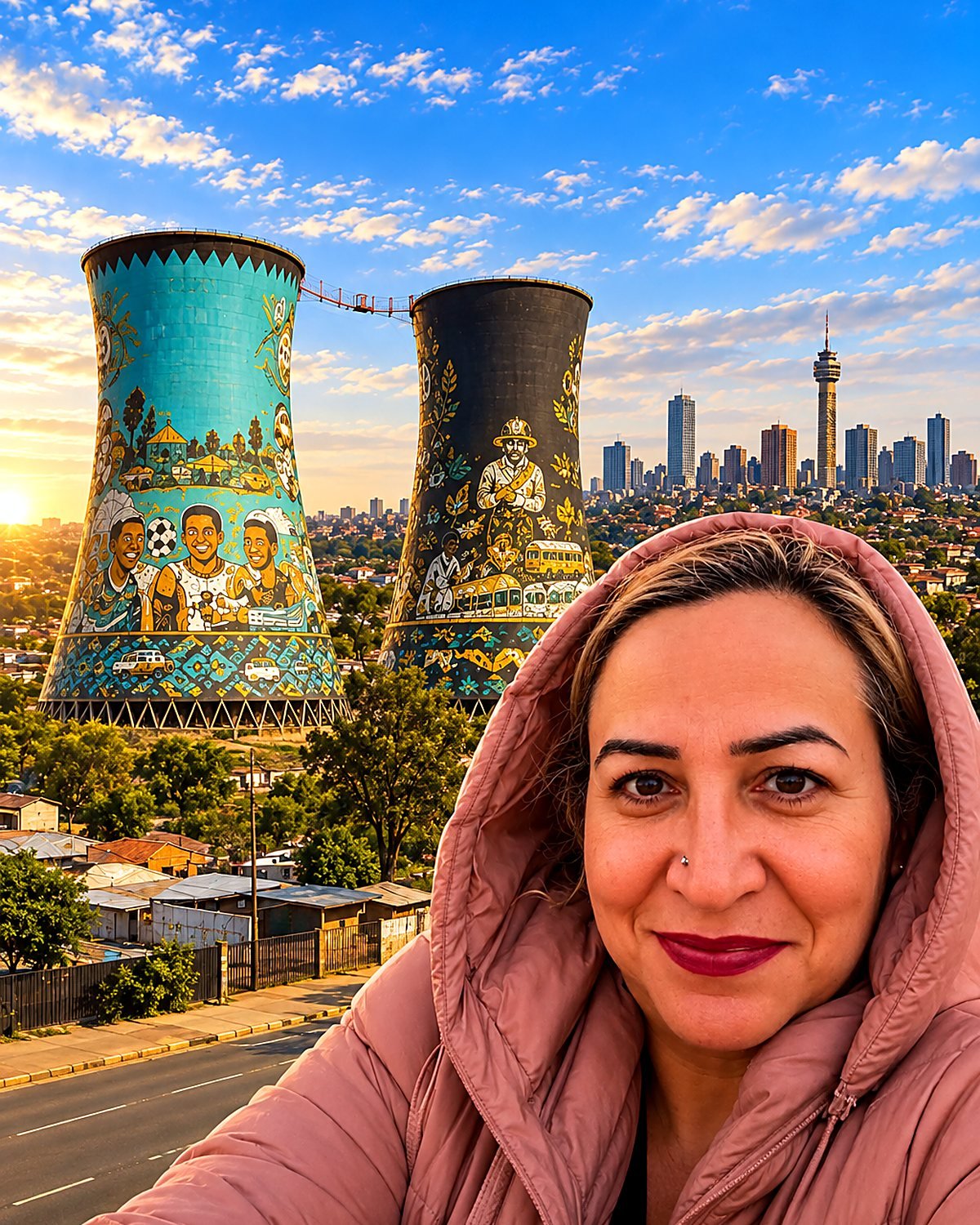 Bia, guia brasileira em Johannesburgo, em frente às Orlando Towers em Soweto