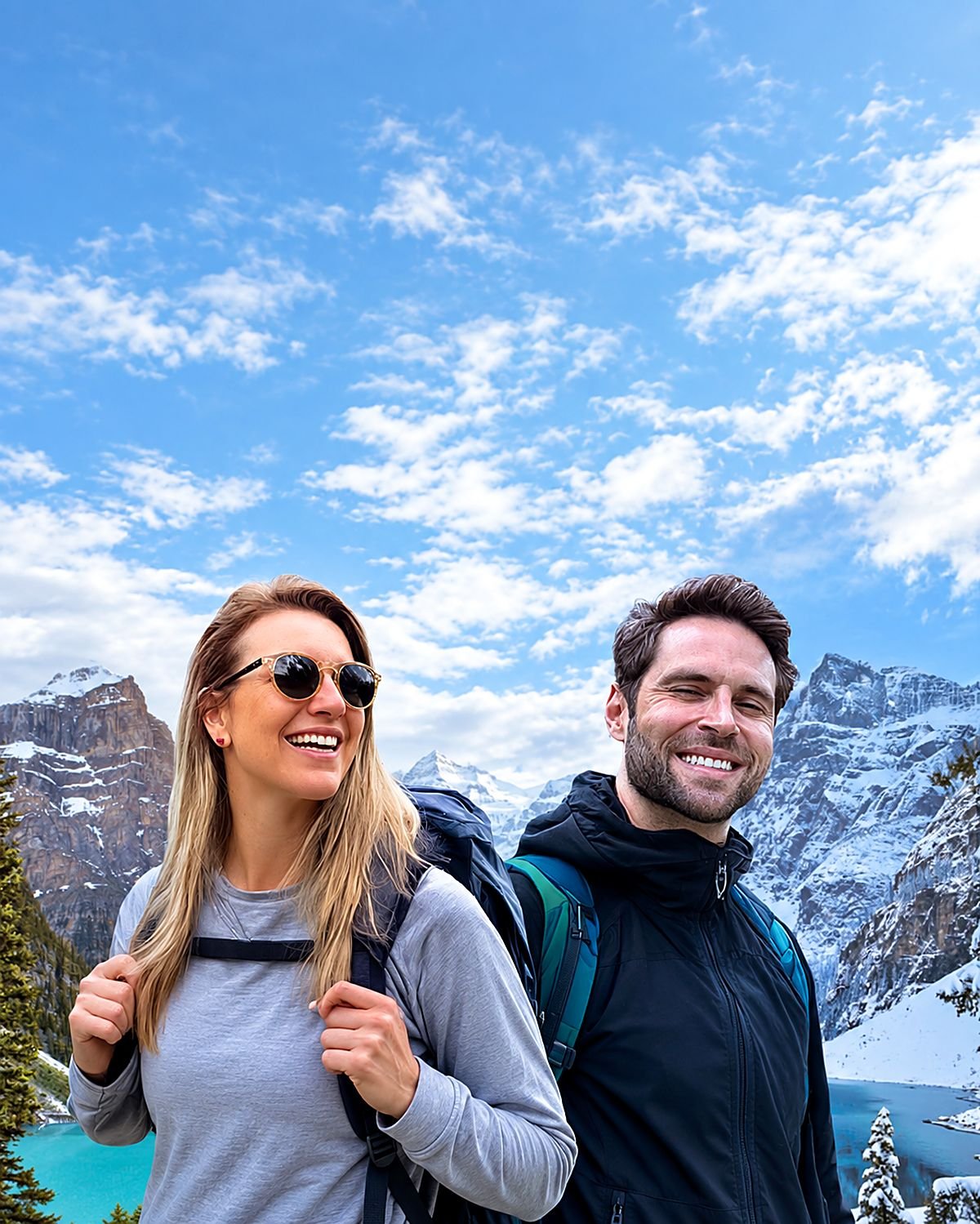 Bruna e Joel, guias brasileiros da TwoCanada Experience, com as Rocky Mountains ao fundo