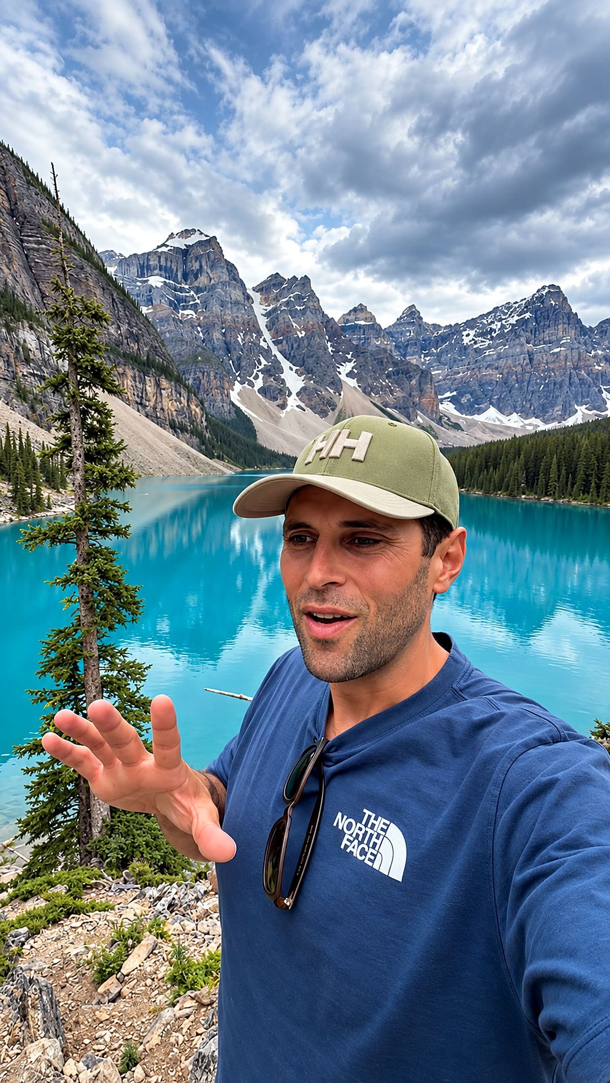 Joel, guia da TwoCanada Experience, explicando a paisagem em Moraine Lake