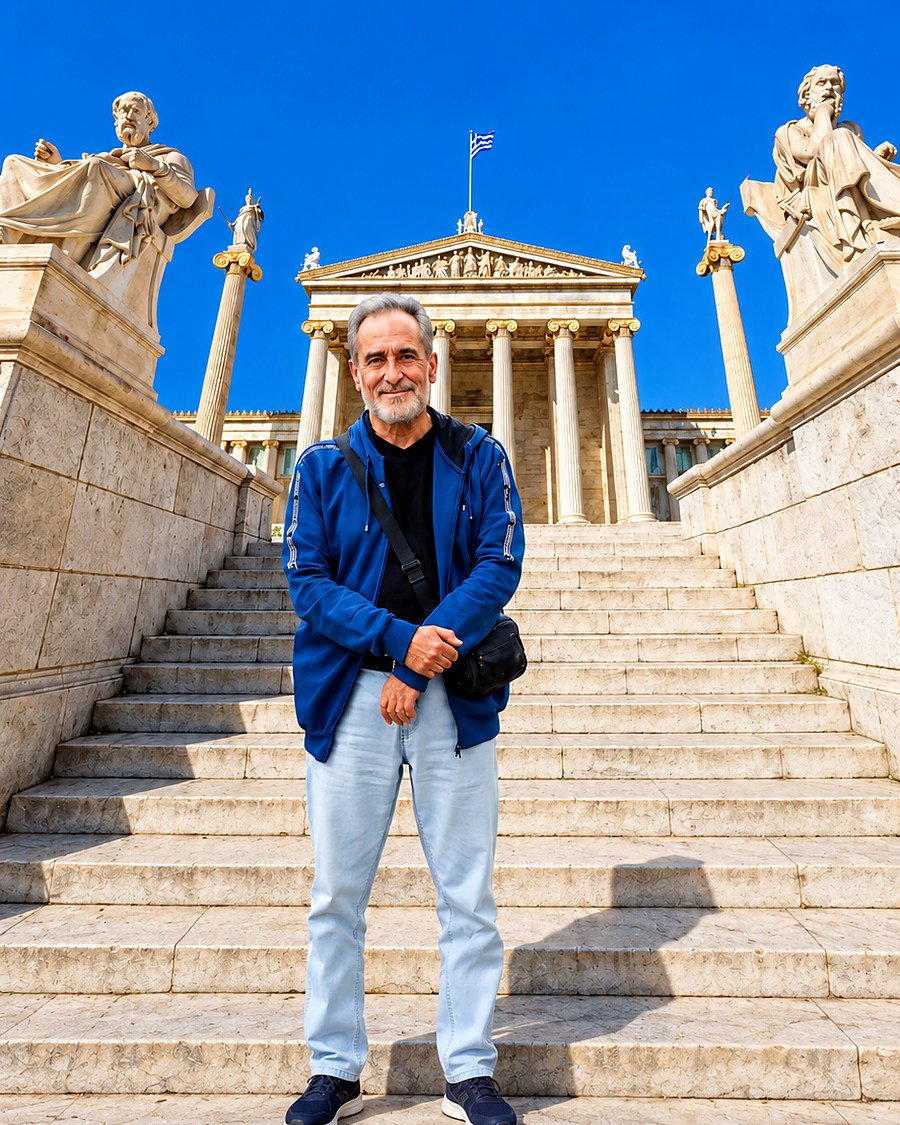 Guia Panagiotis diante da Academia de Atenas