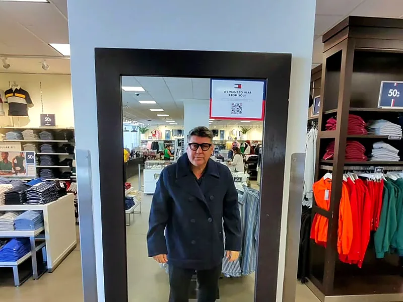 Marcelo provando um casaco escuro diante do espelho em loja de outlet de Orlando