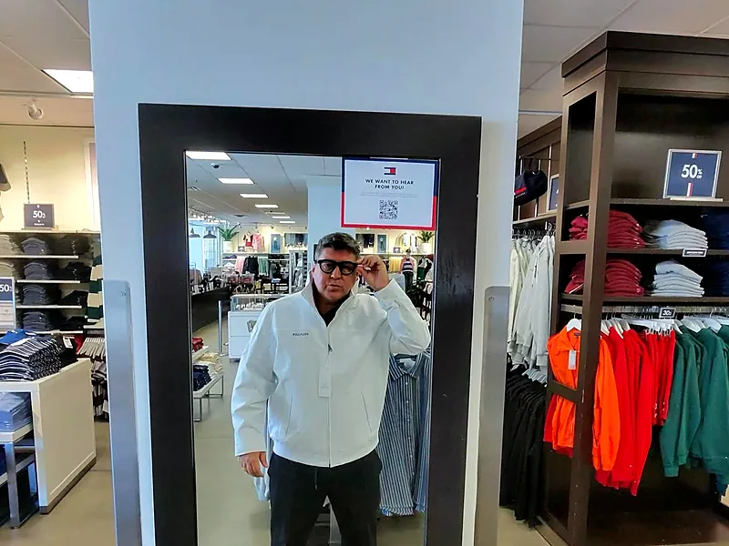 Marcelo provando um casaco em loja de outlet de Orlando para mostrar o caimento ao cliente