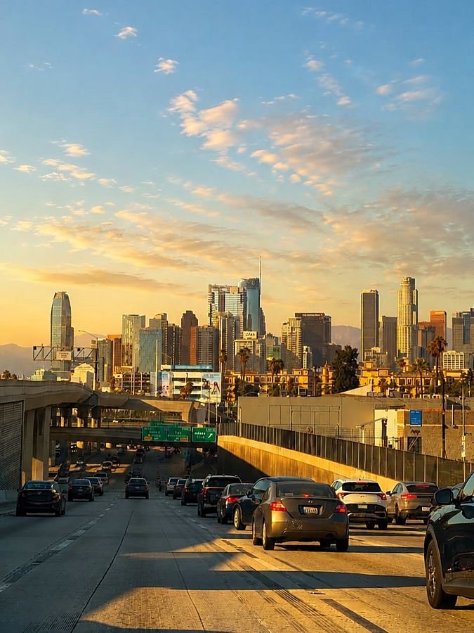 Skyline do centro de Los Angeles visto da freeway no fim de tarde