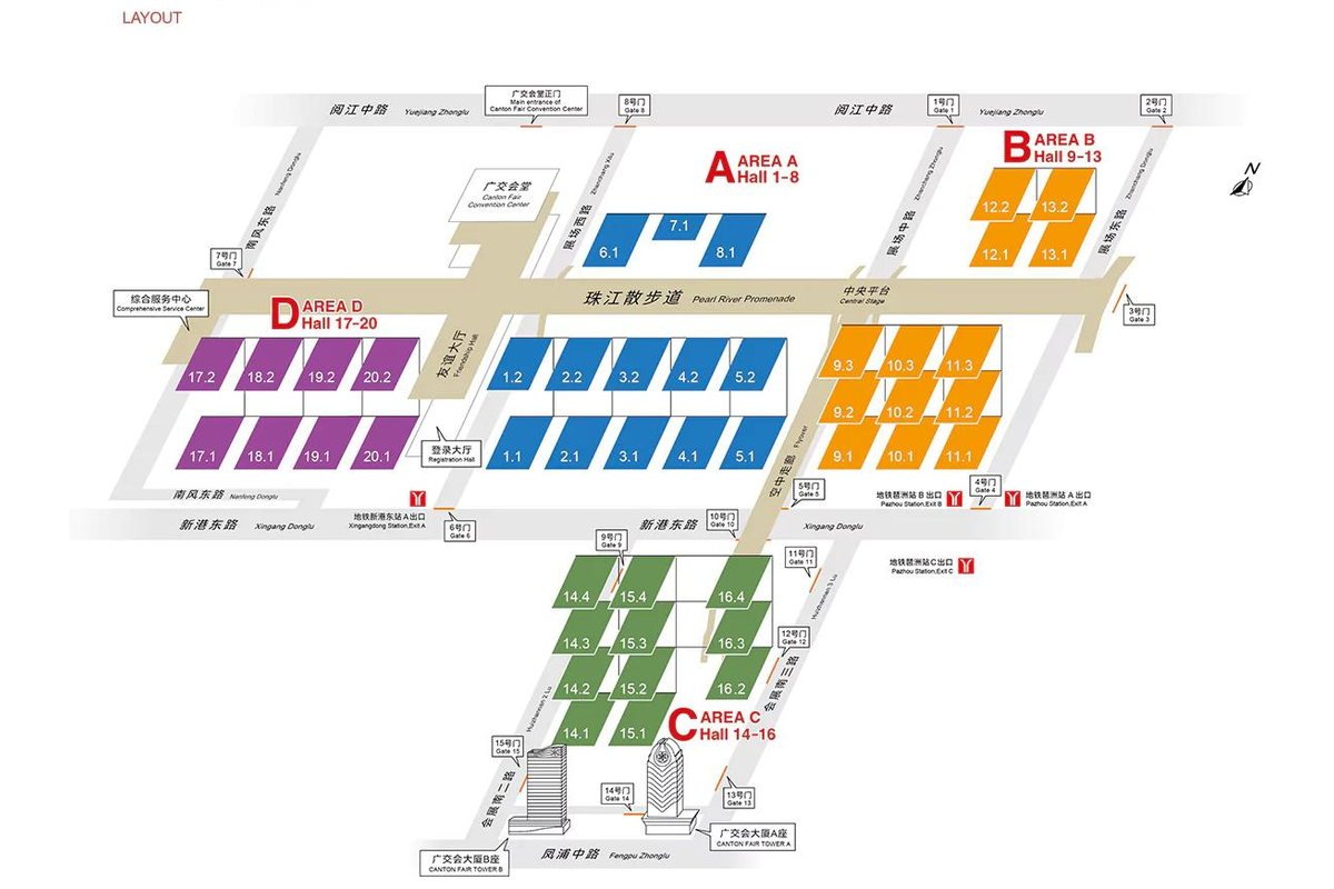 Mapa dos pavilhões e das áreas do complexo de feiras de Pazhou, em Guangzhou