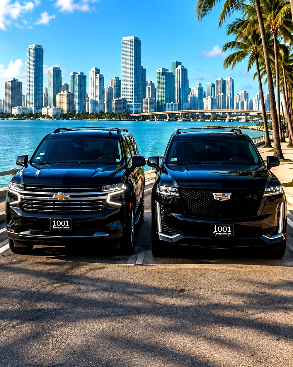 SUVs executivas pretas da 1001 Transportation para o transfer entre Tampa e Miami