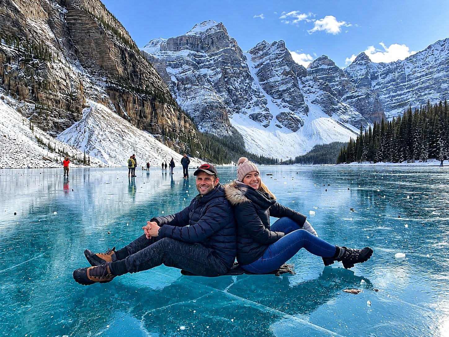 Casal sentado sobre um lago congelado cercado de montanhas nevadas