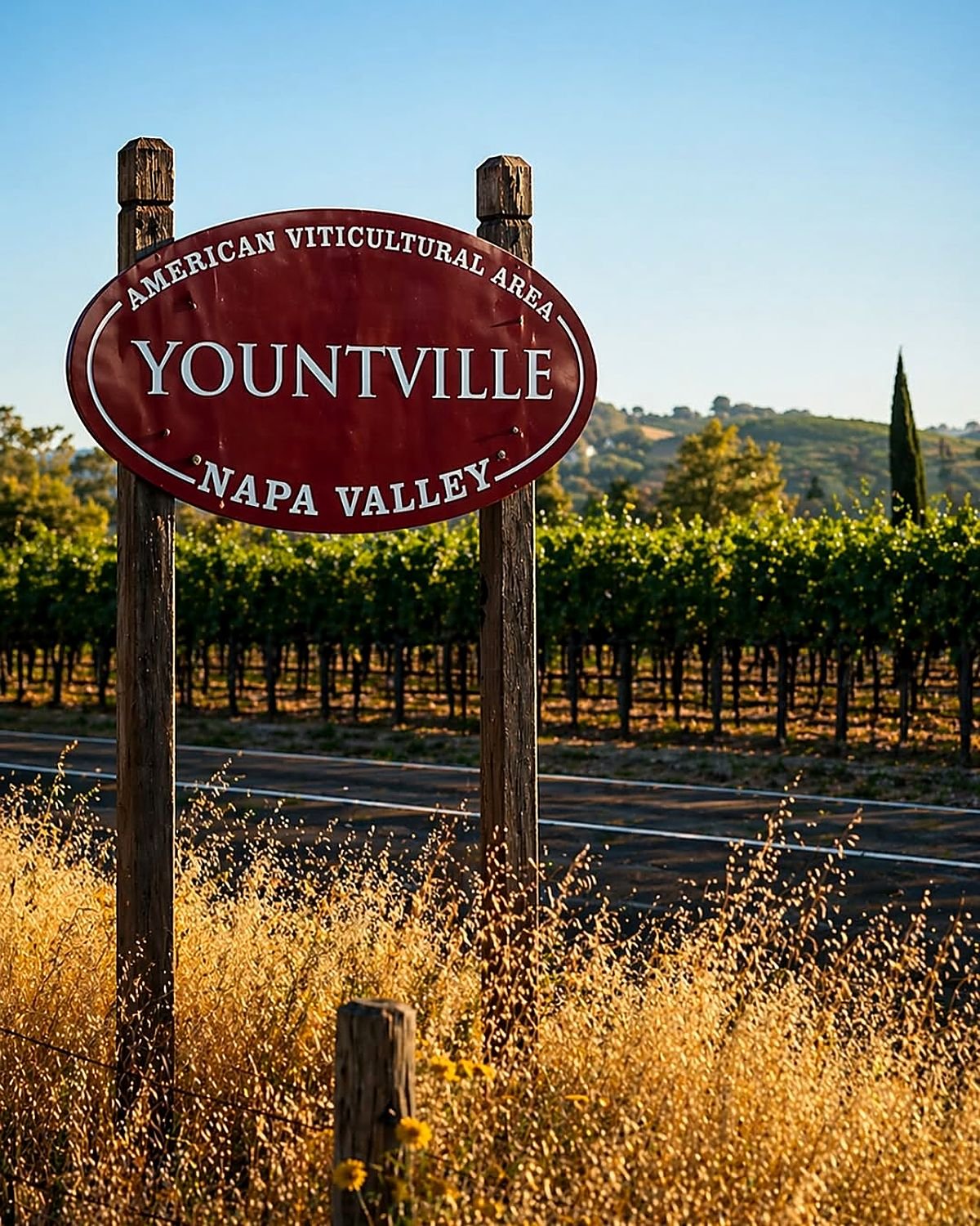 Placa de Yountville e vinhedos em Napa Valley, na Califórnia