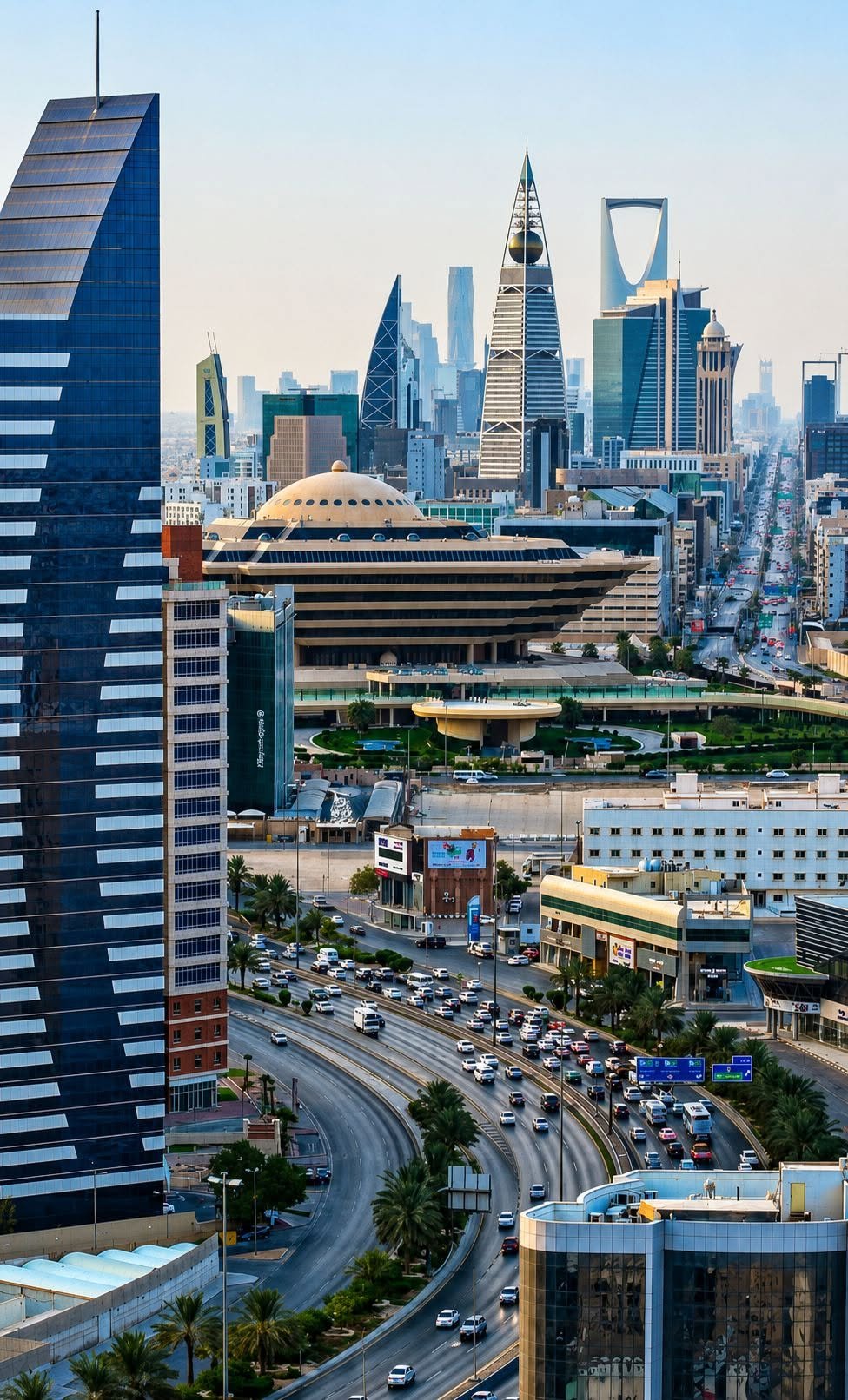 Avenida movimentada de Riade com a Torre Al Faisaliah e a Kingdom Centre Tower ao fundo
