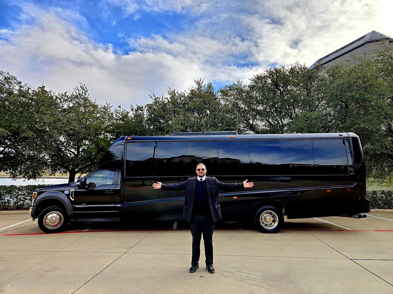 Ônibus executivo preto da frota usada pela Rota Vip DFW em Dallas