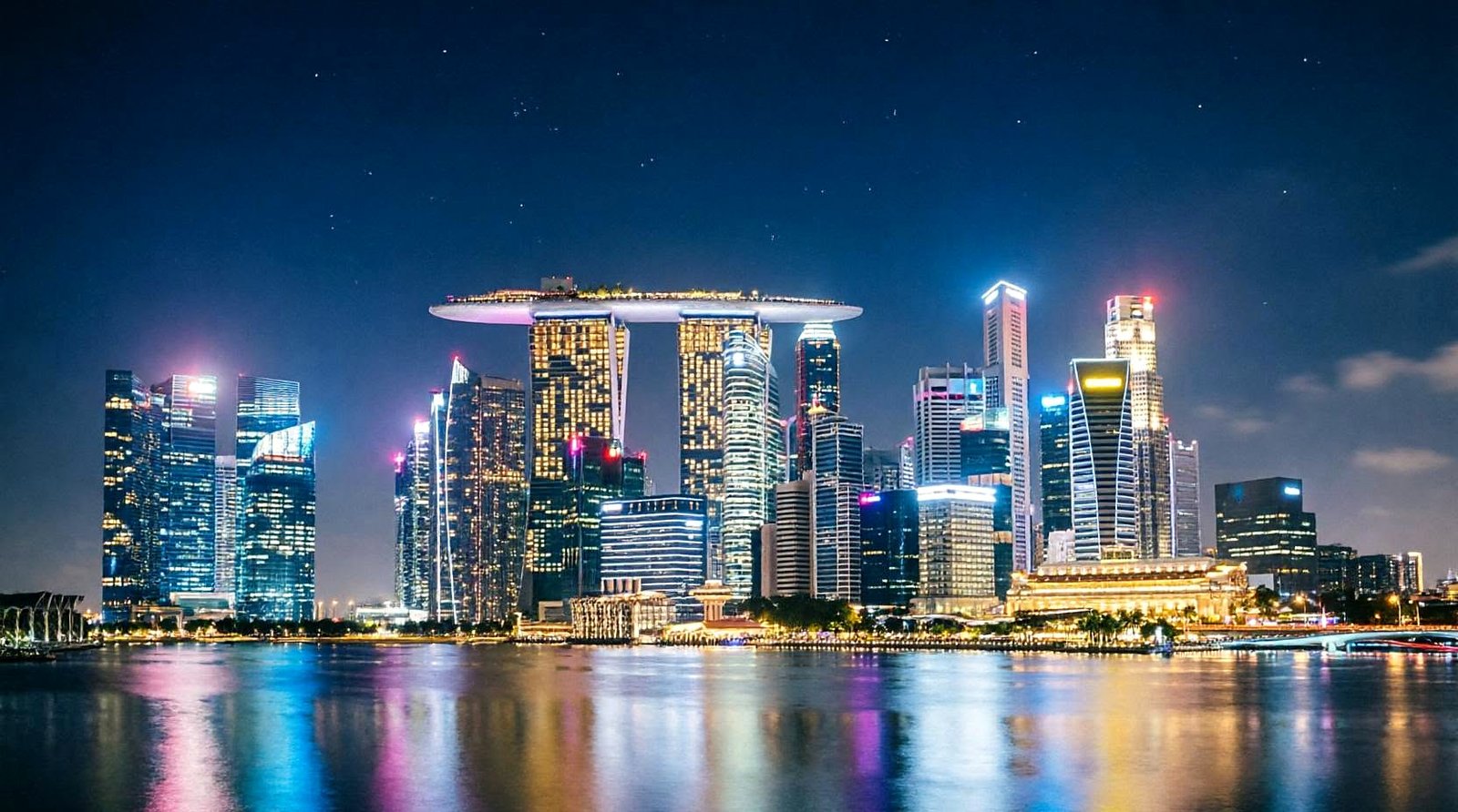Skyline de Singapura à noite, com o Marina Bay Sands refletido na baía