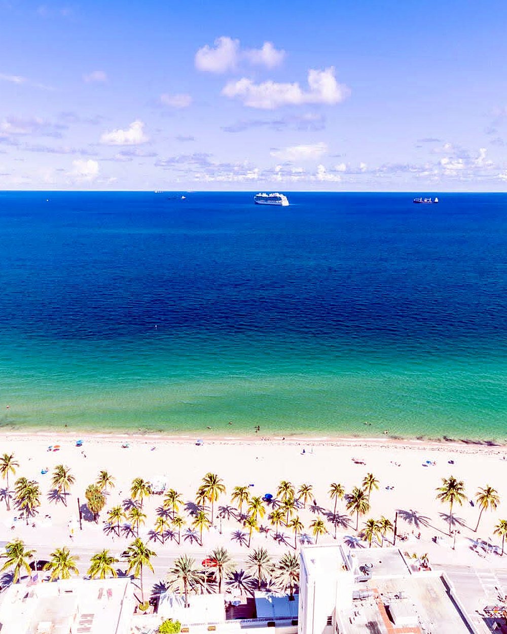 Praia de Fort Lauderdale vista do alto, com areia clara, palmeiras e mar azul-turquesa