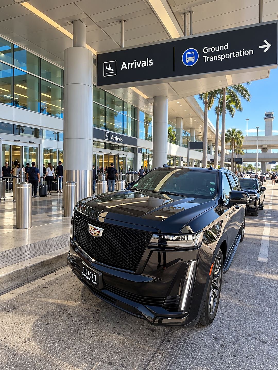 SUV preta com placa da 1001 Transportation parada na área de desembarque de um aeroporto na Flórida