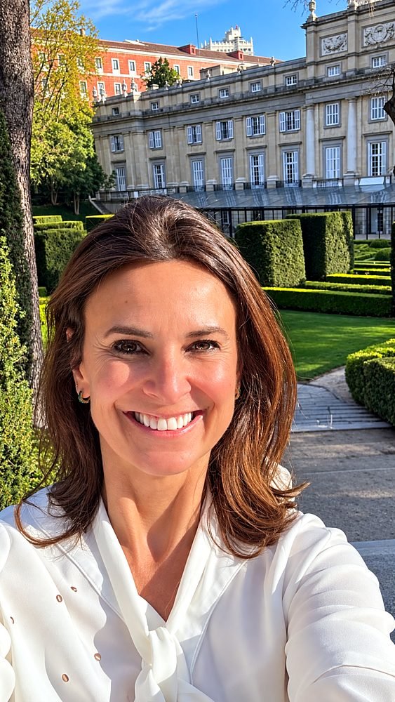 Thaís Baldasso nos jardins de um palácio histórico de Madri