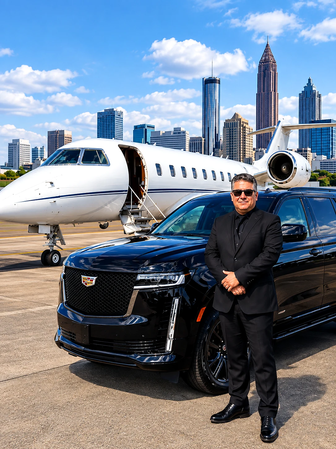 Motorista brasileiro da 1001 Transportation ao lado de SUV executiva em Atlanta