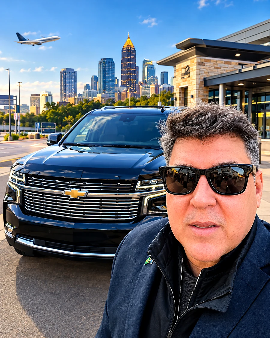 Motorista brasileiro em frente ao veículo de transfer em Atlanta