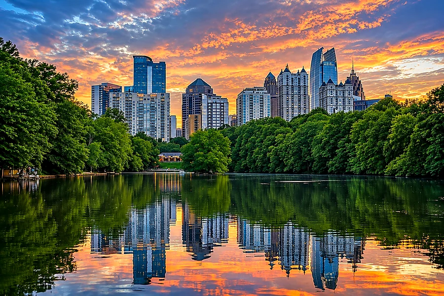 Prédios de Midtown refletidos no lago do Piedmont Park, em Atlanta