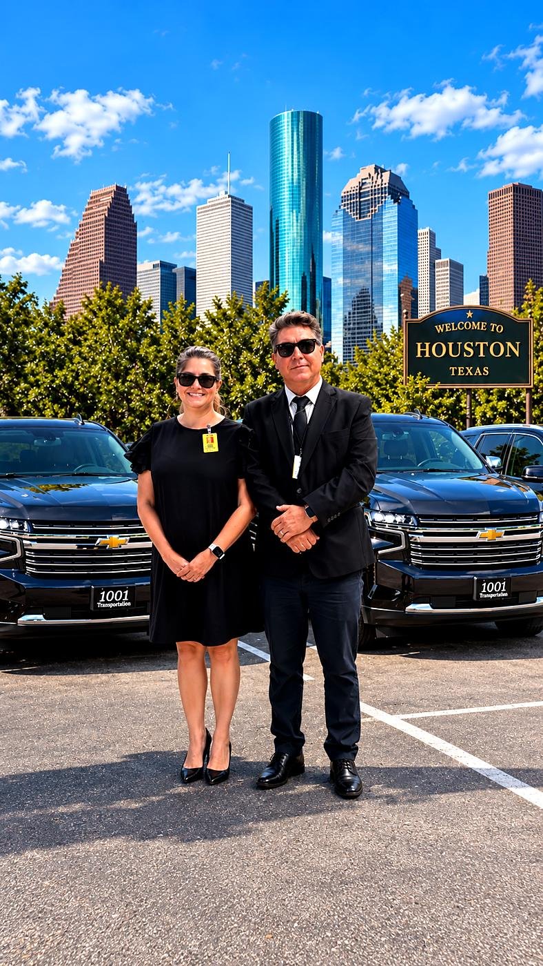 Débora e Marcelo, da 1001 Transportation, com os veículos e o skyline de Houston ao fundo