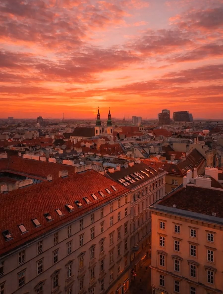 Pôr do sol sobre os telhados do centro histórico de Viena, na Áustria