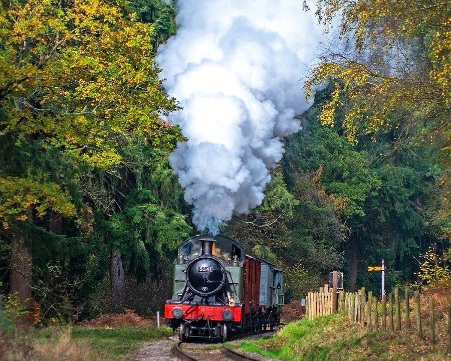 Trem a vapor passando por floresta com folhas de outono na Inglaterra