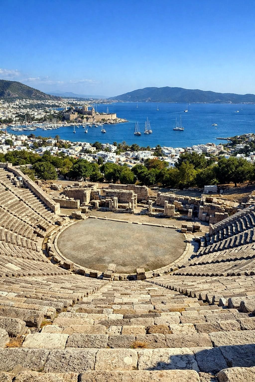 Teatro antigo de Bodrum com vista para a baía e o castelo