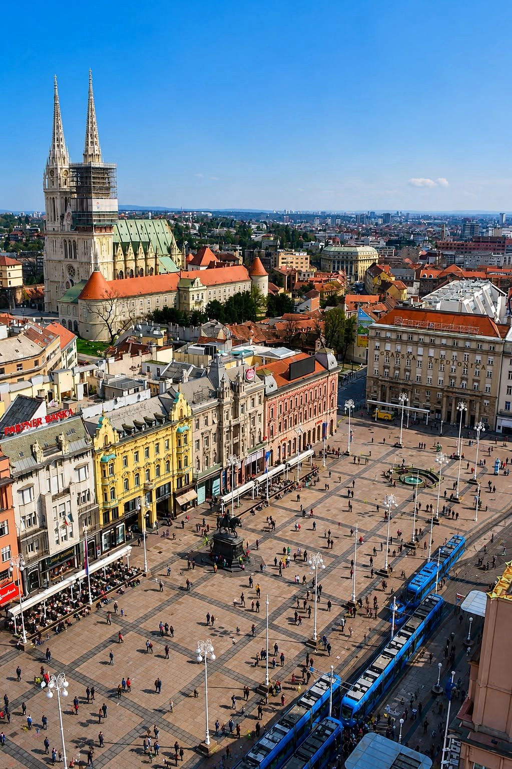 Vista aérea da Praça Ban Jelačić, com a Catedral de Zagreb e os bondes azuis