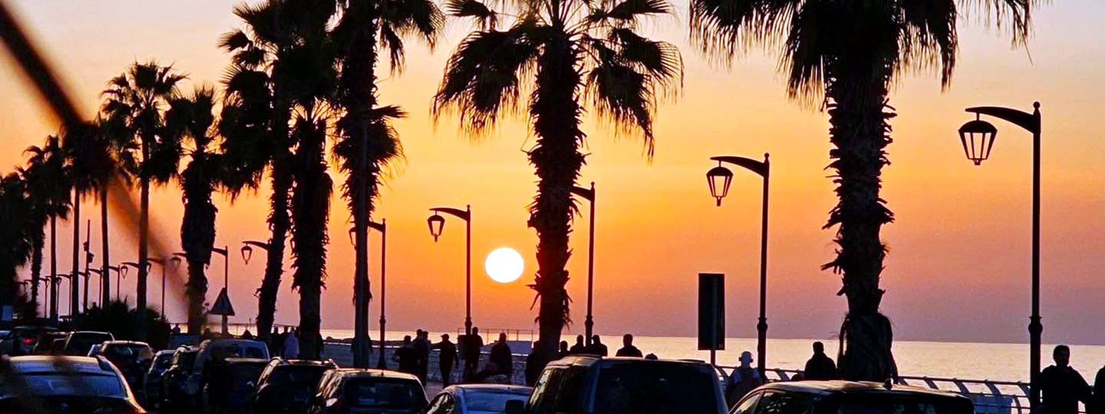 Pôr do sol com palmeiras na Corniche de Beirute