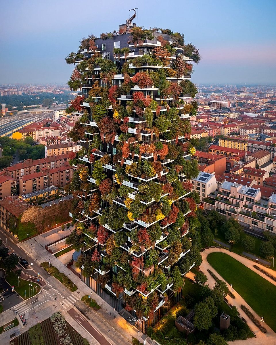 Prédio Bosco Verticale em Milão coberto de árvores, visto do alto ao entardecer
