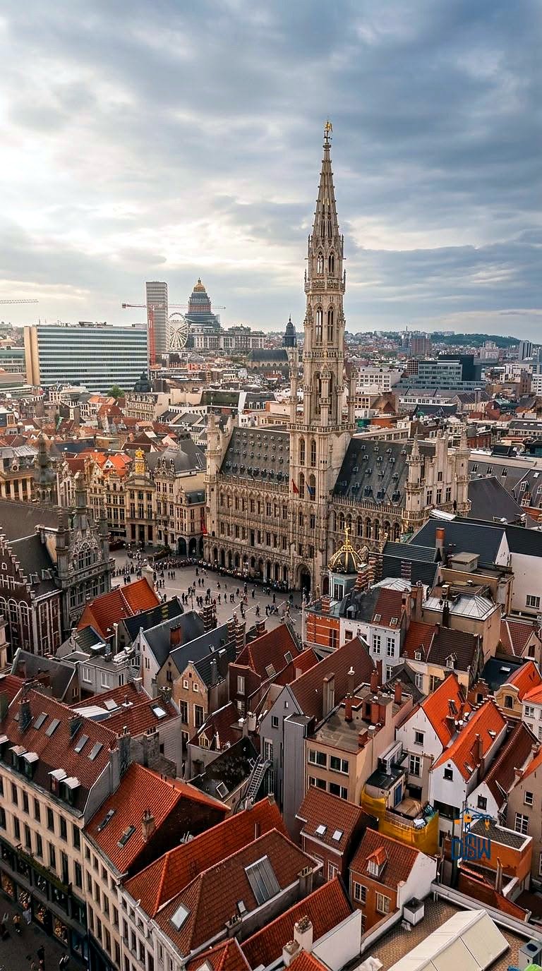 Vista aérea da Grand-Place de Bruxelas com a torre da Prefeitura