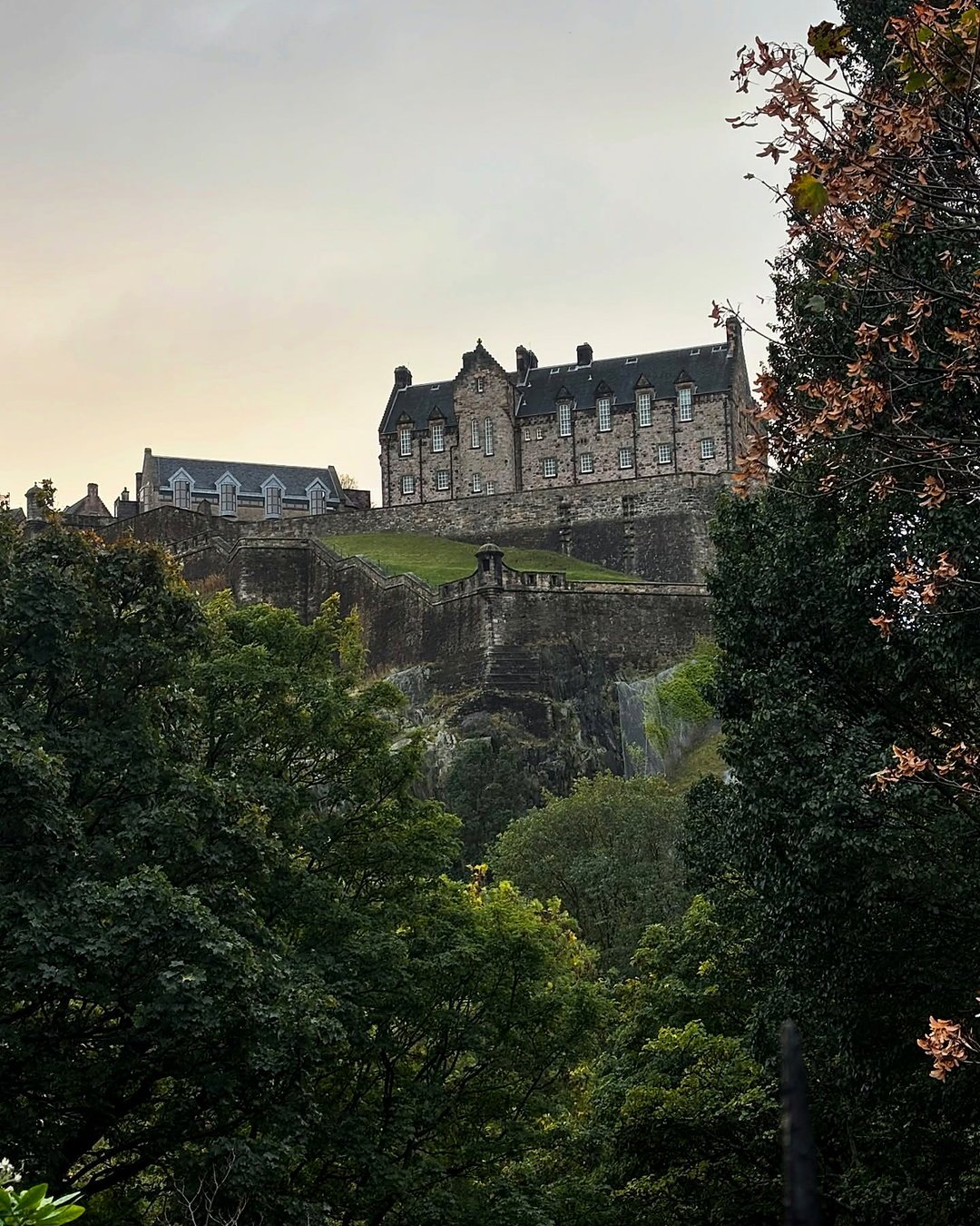 Castelo de Edimburgo entre as árvores no fim de tarde