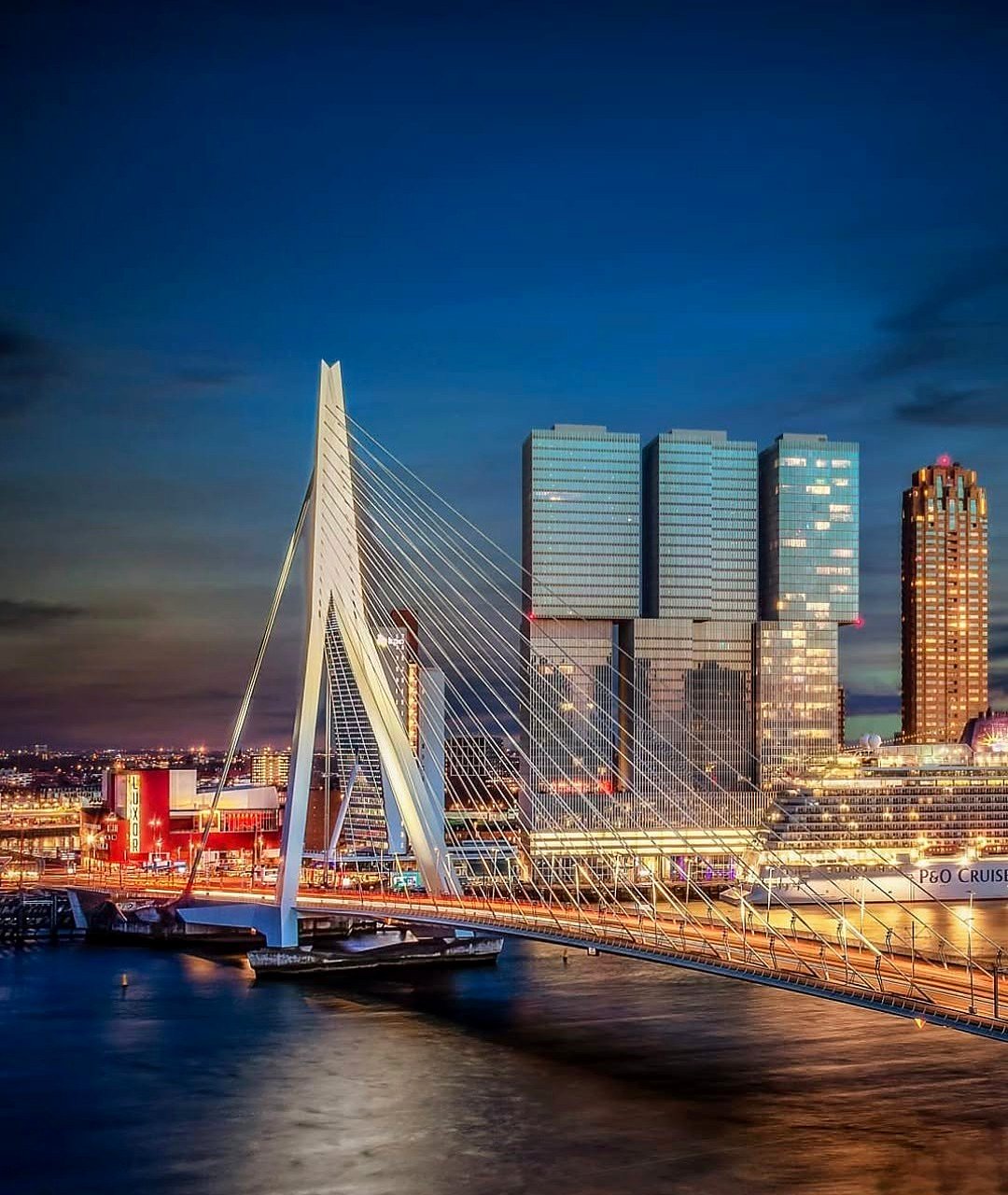 Ponte Erasmus iluminada à noite em Roterdã