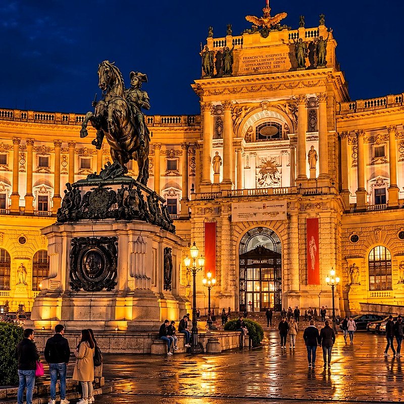 Palácio de Hofburg iluminado à noite, com a estátua do Príncipe Eugênio na Heldenplatz