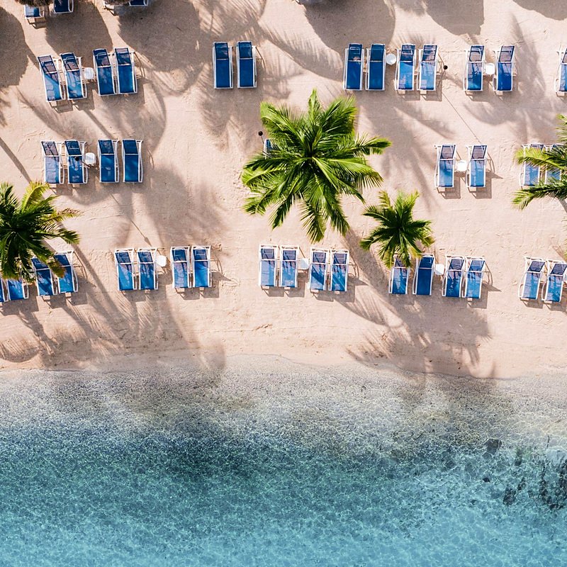 Praia com coqueiros e espreguiçadeiras em Islamorada