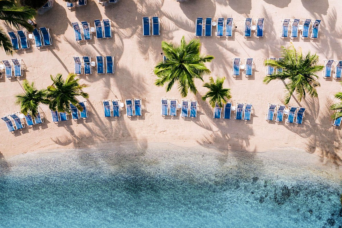 Praia com coqueiros e espreguiçadeiras em Islamorada