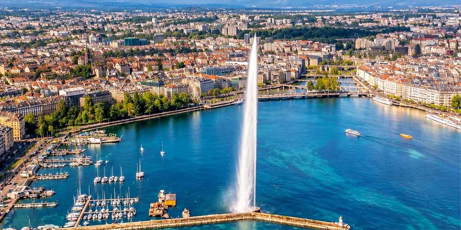 Vista aérea do Jet d'Eau no Lago Léman, em Genebra, Suíça
