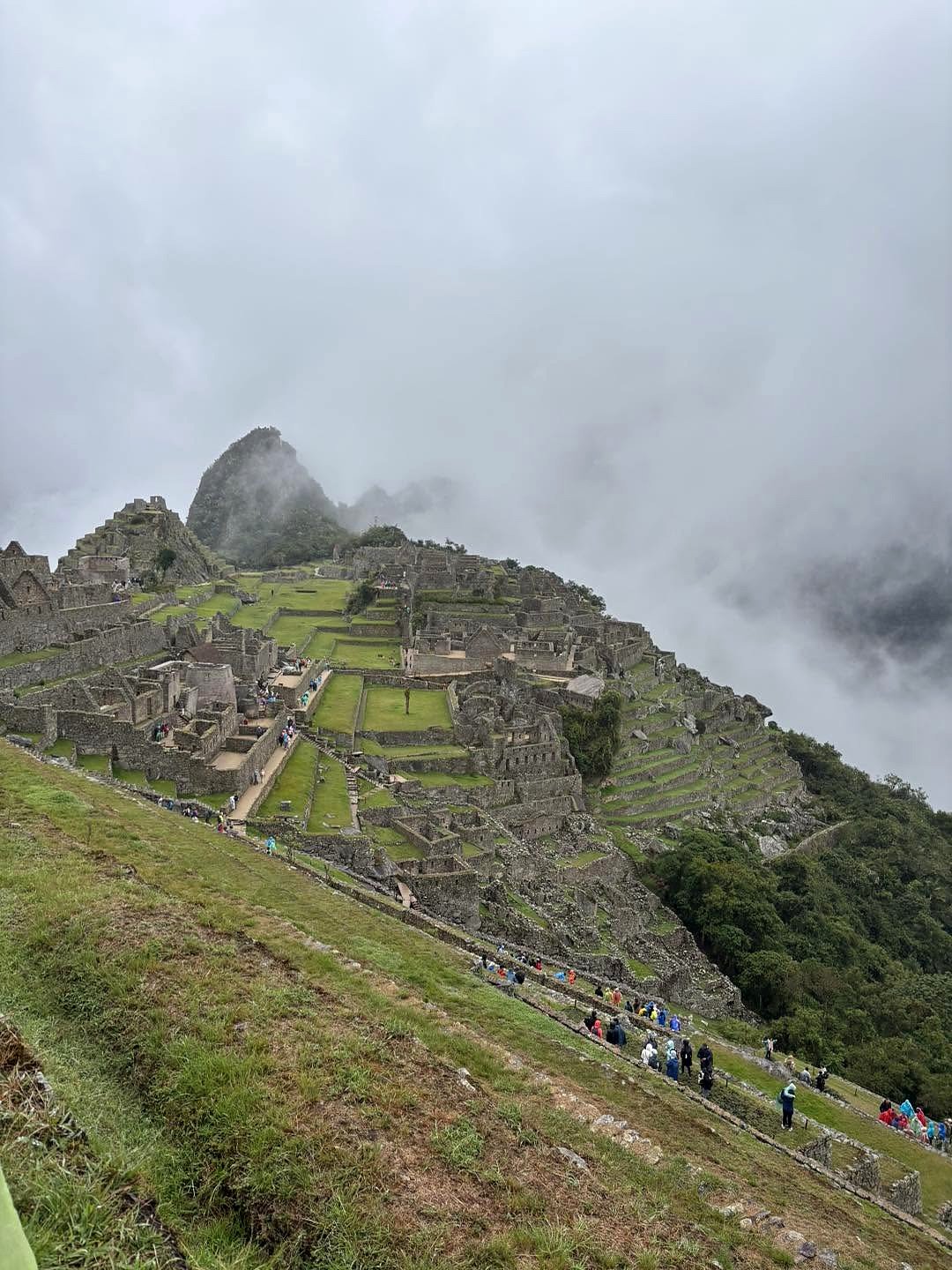 Machu Picchu envolta em neblina com terraços incas