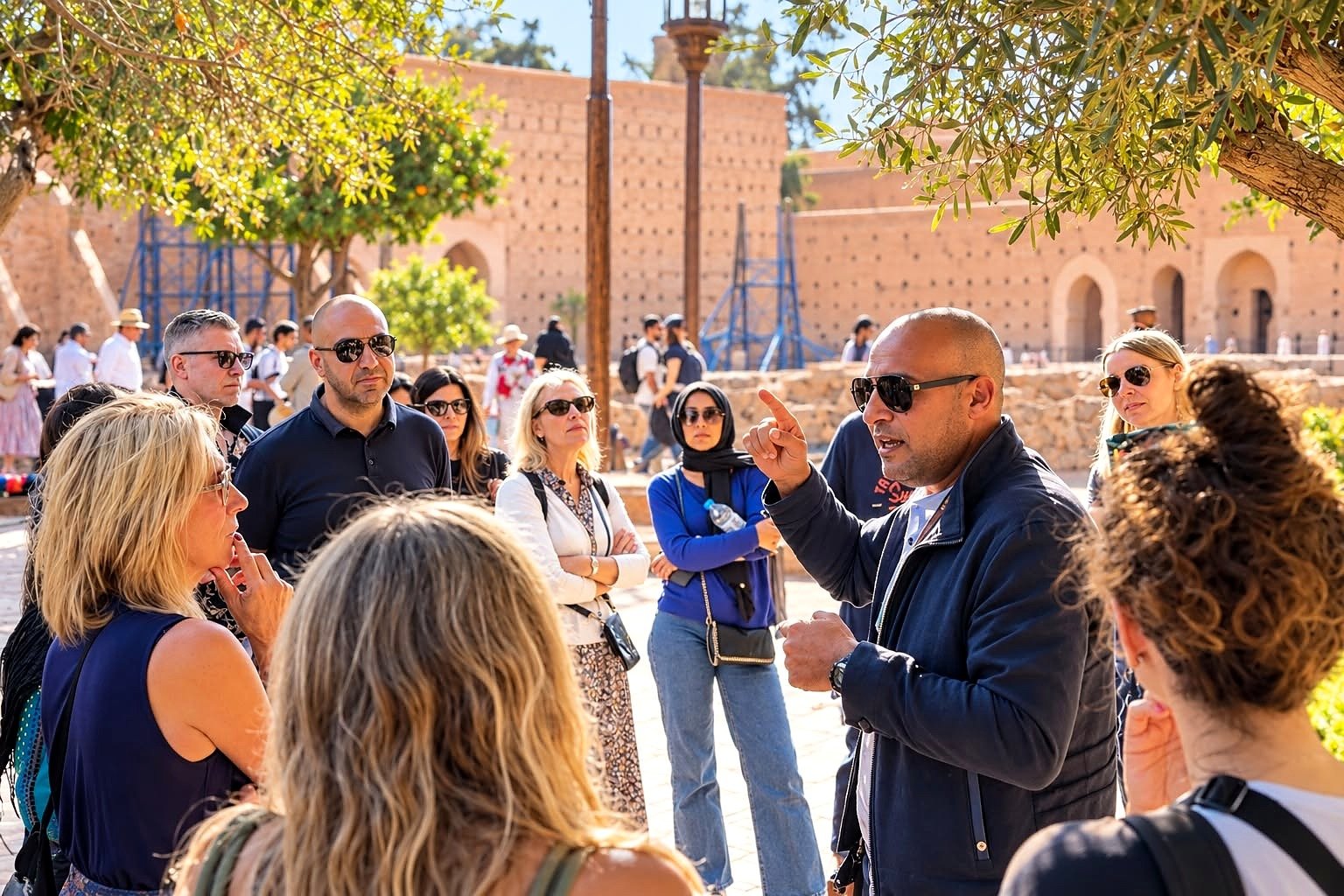 Guia explicando a história de Marrakech para um grupo de turistas diante das muralhas de taipa