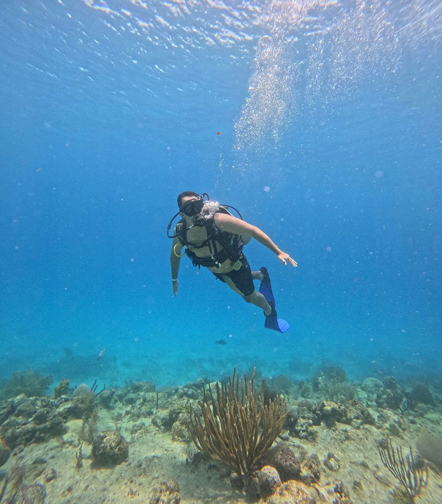 Mergulhador sobre os corais em água azul e transparente em San Andrés