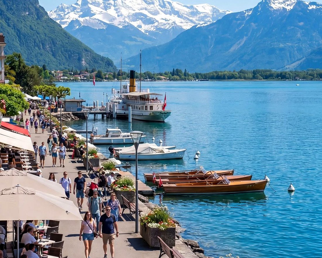 Calçadão à beira do Lago Léman em Montreux, com os Alpes ao fundo