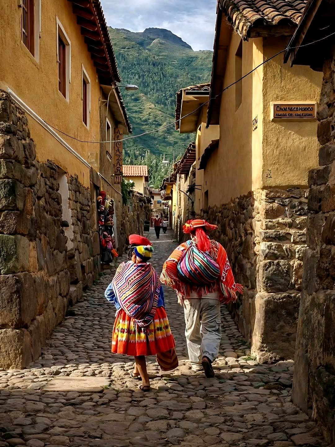Moradores com roupas tradicionais andando por rua de pedra em Ollantaytambo