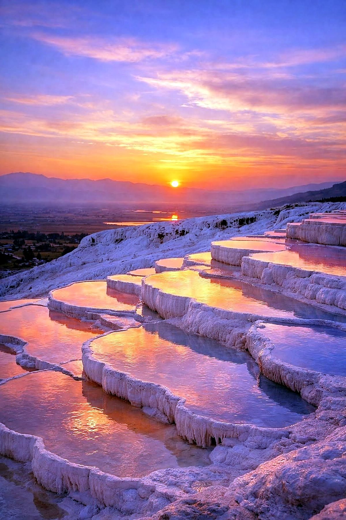 Terraços de travertino de Pamukkale refletindo o céu alaranjado do pôr do sol